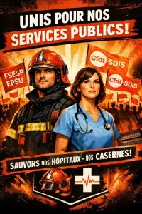Affiche syndicale CFDT‑SDIS représentant un sapeur‑pompier et une infirmière unis pour défendre les services publics, avec les slogans « UNIS POUR NOS SERVICES PUBLICS ! » et « SAUVONS NOS HÔPITAUX – NOS CASERNES ! ».