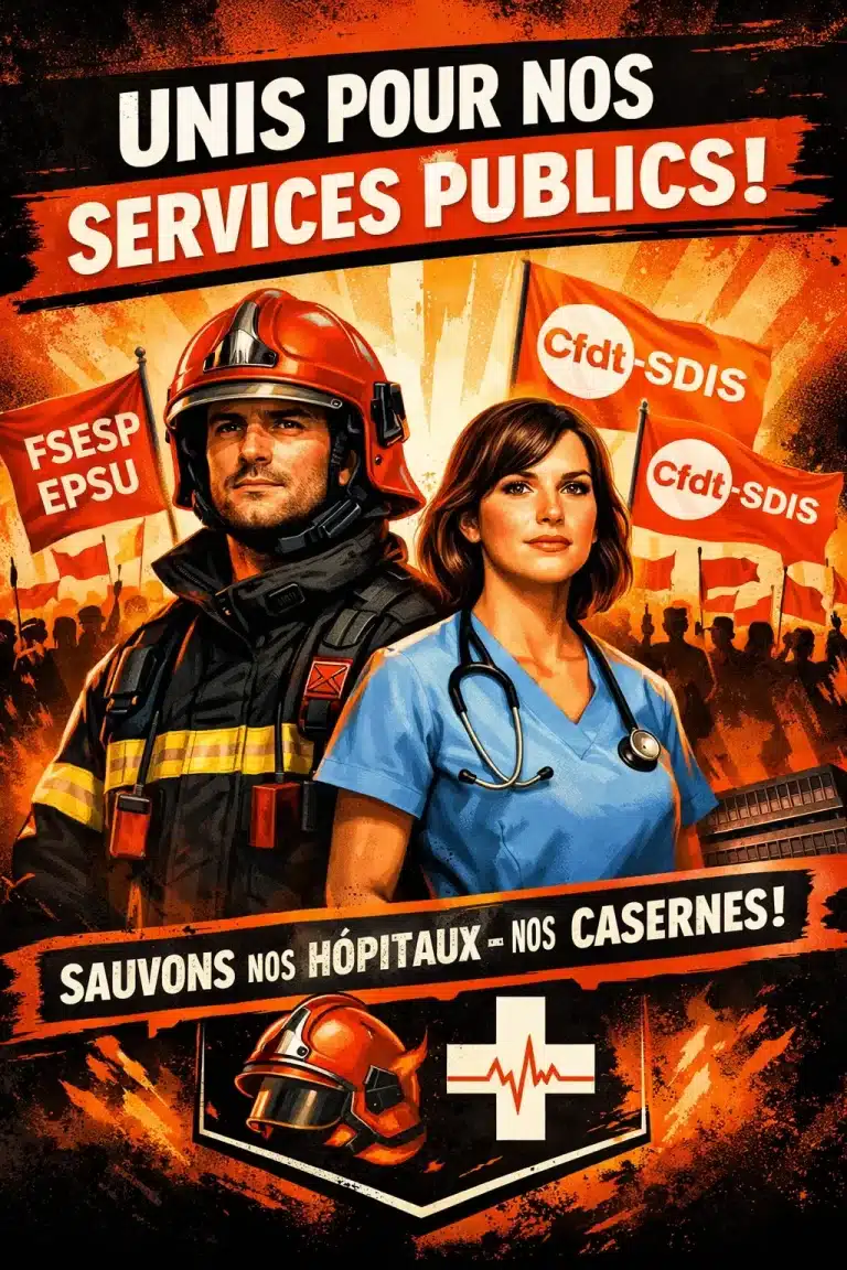 Affiche syndicale CFDT‑SDIS représentant un sapeur‑pompier et une infirmière unis pour défendre les services publics, avec les slogans « UNIS POUR NOS SERVICES PUBLICS ! » et « SAUVONS NOS HÔPITAUX – NOS CASERNES ! ».