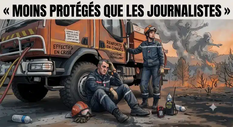 Cette illustration percutante met en scène deux sapeurs-pompiers français épuisés lors d'une intervention sur un feu de forêt. Au centre, un pompier est assis au sol, la tête dans les mains, en signe de fatigue et d'accablement. À ses côtés, une collègue, debout, regarde l'incendie au loin. Leur camion-citerne (CCF), de marque Renault, porte des inscriptions gravées : « Renforts en congés » et « Système défaillant », témoignant d'un problème systémique. Au-dessus d'eux, un titre en gros caractères cite Sébastien Bouvier : « « MOINS PROTÉGÉS QUE LES JOURNALISTES » ». En arrière-plan, l'incendie se poursuit, et des formes spectrales d'animaux semblent s'élever de la fumée, ajoutant une dimension tragique. Le sol est jonché d'équipements de pompier (casque, bouteilles d'eau, etc.).
