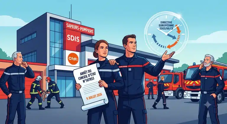 Des sapeurs-pompiers de la CFDT-SDIS en pleine lecture de l'arrêt du Conseil d'État concernant la directive européenne sur le temps de travail.