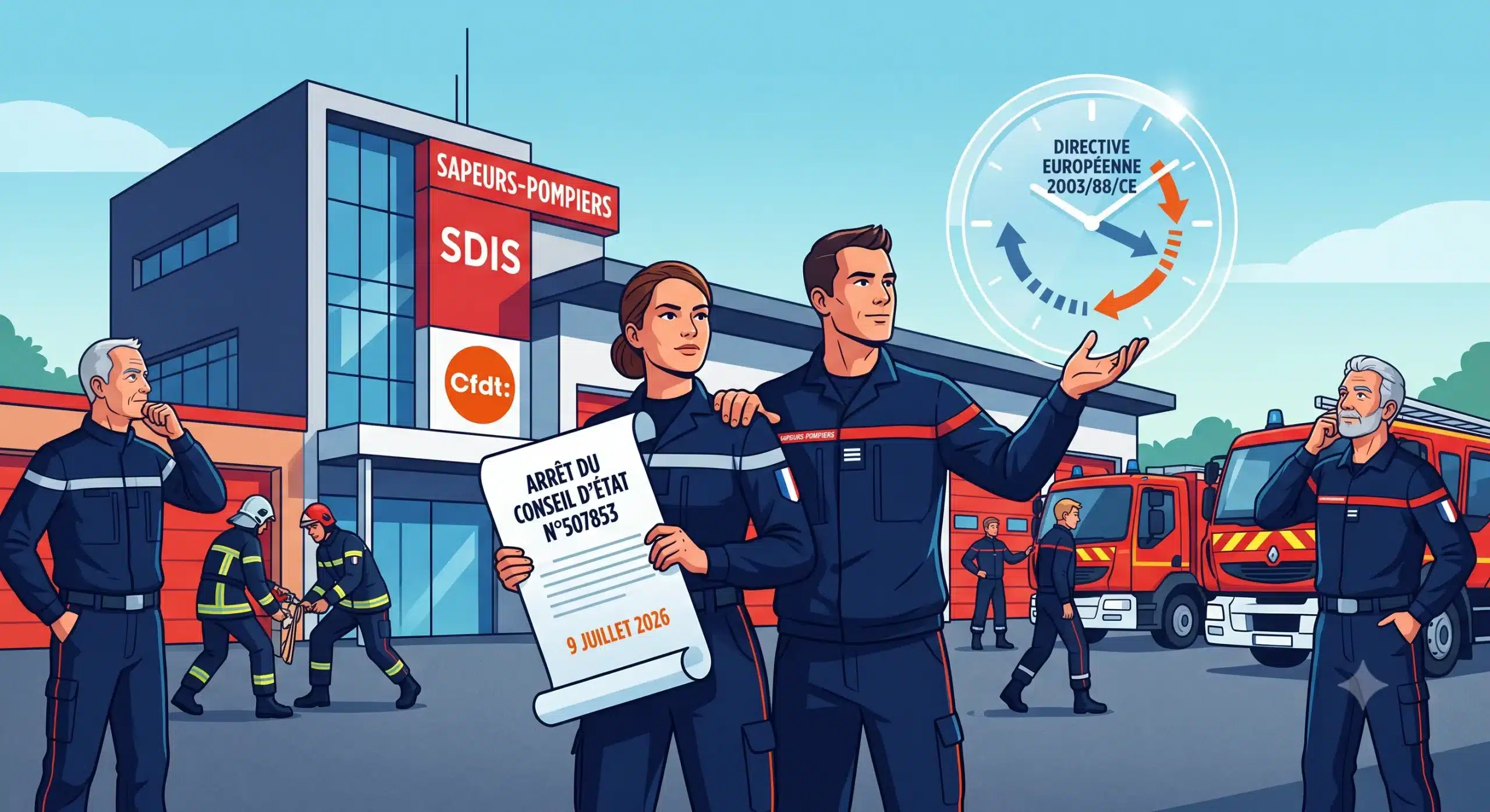 Des sapeurs-pompiers de la CFDT-SDIS en pleine lecture de l'arrêt du Conseil d'État concernant la directive européenne sur le temps de travail.