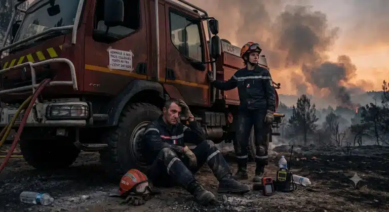Deux sapeurs-pompiers français épuisés, couverts de suie, se reposent près de leur camion-citerne (CCF) au milieu d'un paysage de forêt brûlée sous un ciel enfumé. Un message collé sur le véhicule rend hommage aux collègues morts au feu.
