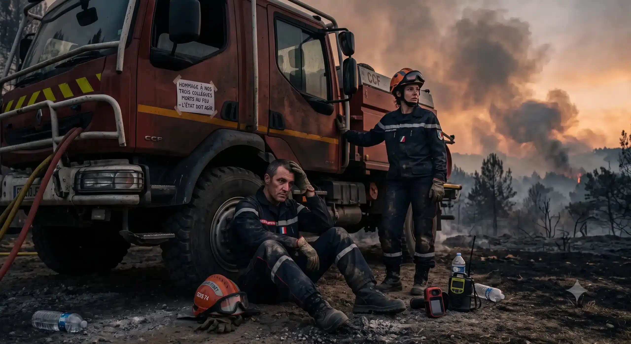 Deux sapeurs-pompiers français épuisés, couverts de suie, se reposent près de leur camion-citerne (CCF) au milieu d'un paysage de forêt brûlée sous un ciel enfumé. Un message collé sur le véhicule rend hommage aux collègues morts au feu.