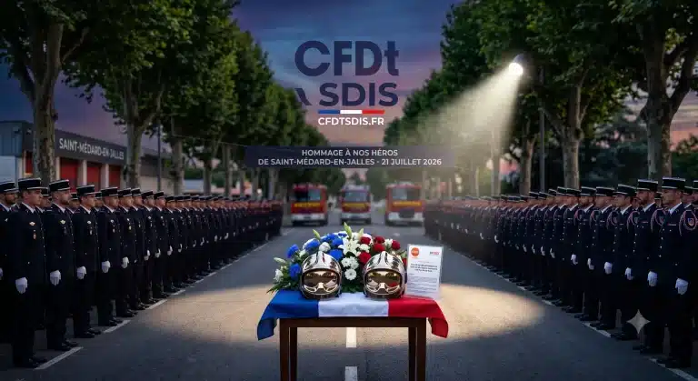 Photographie de commémoration montrant une haie d'honneur de sapeurs-pompiers français alignés en tenue de cérémonie. Au centre, sur une table drapée du drapeau tricolore, reposent deux casques chromés et un gerbe de fleurs, éclairés par un faisceau de lumière solennel.