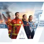 Une illustration graphique unitaire montrant trois personnels du SDIS (sapeur-pompier en tenue d'intervention, sapeur-pompier en uniforme, et personnel PATS administratifs et techniques) regardant avec détermination vers un avenir radieux. Ils se dressent devant une scène de chaos (incendie, fumée, véhicules d'urgence à gauche) qui se dissipe vers un ciel clair et prometteur à droite. Le logo CFDT SDIS et le site cfdtsdis.fr sont visibles.