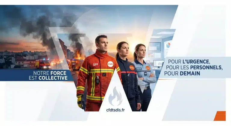 Une illustration graphique unitaire montrant trois personnels du SDIS (sapeur-pompier en tenue d'intervention, sapeur-pompier en uniforme, et personnel PATS administratifs et techniques) regardant avec détermination vers un avenir radieux. Ils se dressent devant une scène de chaos (incendie, fumée, véhicules d'urgence à gauche) qui se dissipe vers un ciel clair et prometteur à droite. Le logo CFDT SDIS et le site cfdtsdis.fr sont visibles.