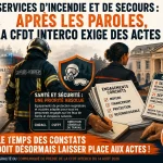 Infographie CFDT Interco intitulée 'Services d'incendie et de secours : Après les paroles, la CFDT Interco exige des actes !' résumant les revendications (santé, moyens, financements) et les dates clés de septembre 2026.