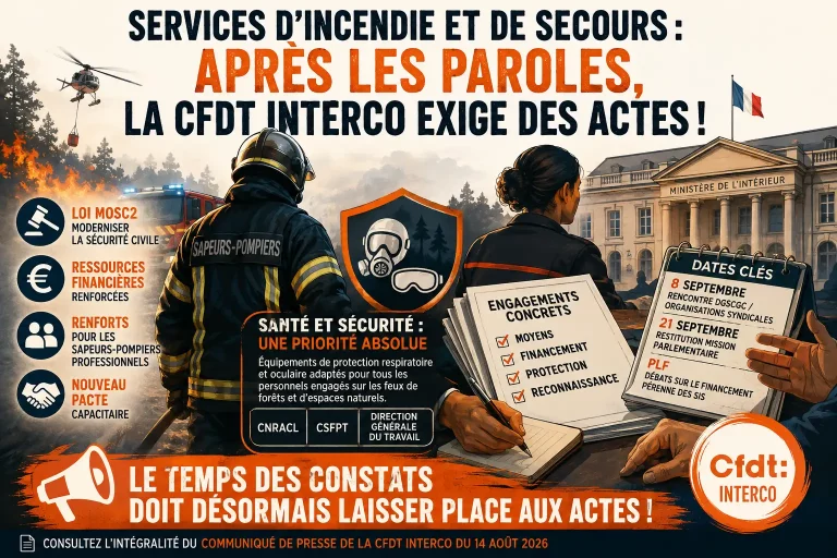 Infographie CFDT Interco intitulée 'Services d'incendie et de secours : Après les paroles, la CFDT Interco exige des actes !' résumant les revendications (santé, moyens, financements) et les dates clés de septembre 2026.