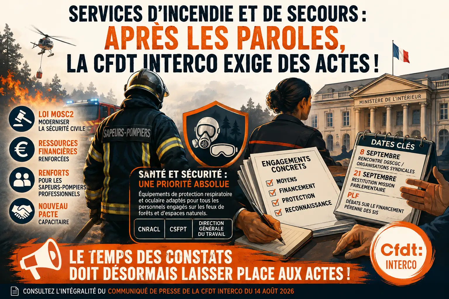 Infographie CFDT Interco intitulée 'Services d'incendie et de secours : Après les paroles, la CFDT Interco exige des actes !' résumant les revendications (santé, moyens, financements) et les dates clés de septembre 2026.
