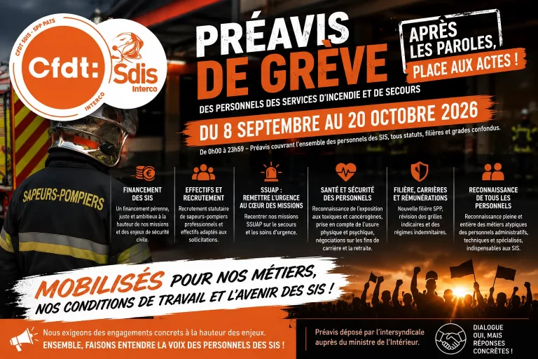 Préavis de grève CfdtSdis des personnels des SIS du 8 septembre au 20 octobre 2026