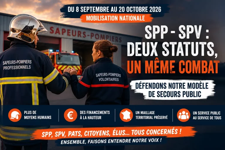 Sapeurs-pompiers professionnels et volontaires unis pour défendre le modèle français de secours et les moyens des SDIS lors de la mobilisation nationale du 8 septembre au 20 octobre 2026.