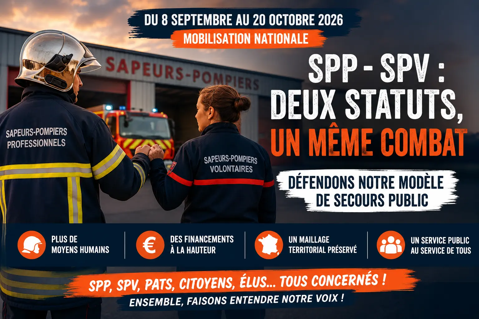 Sapeurs-pompiers professionnels et volontaires unis pour défendre le modèle français de secours et les moyens des SDIS lors de la mobilisation nationale du 8 septembre au 20 octobre 2026.