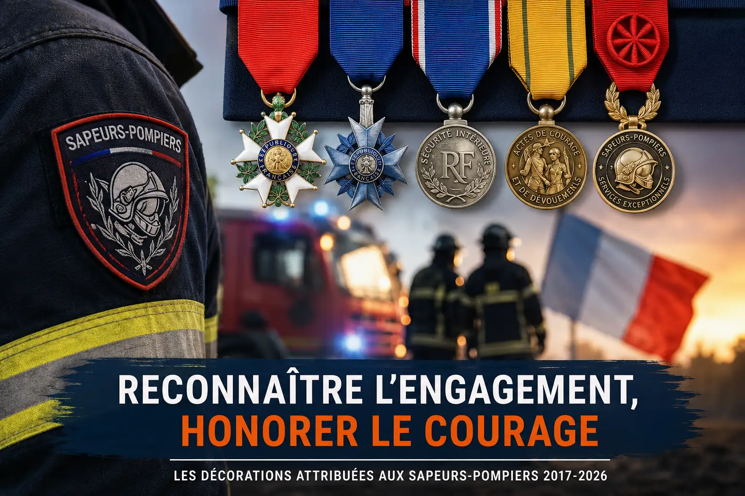 Sapeurs-pompiers et décorations françaises – Légion d’honneur, Ordre national du Mérite, Médaille de la sécurité intérieure, courage et dévouement et services exceptionnels.