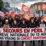Une photographie de reportage poignante et dynamique capturant une manifestation massive de sapeurs-pompiers professionnels et de personnels des SDIS en France. La scène se déroule sous un ciel gris et menaçant, sur une avenue mouillée par la pluie, renforçant l'atmosphère de détermination et d'urgence.