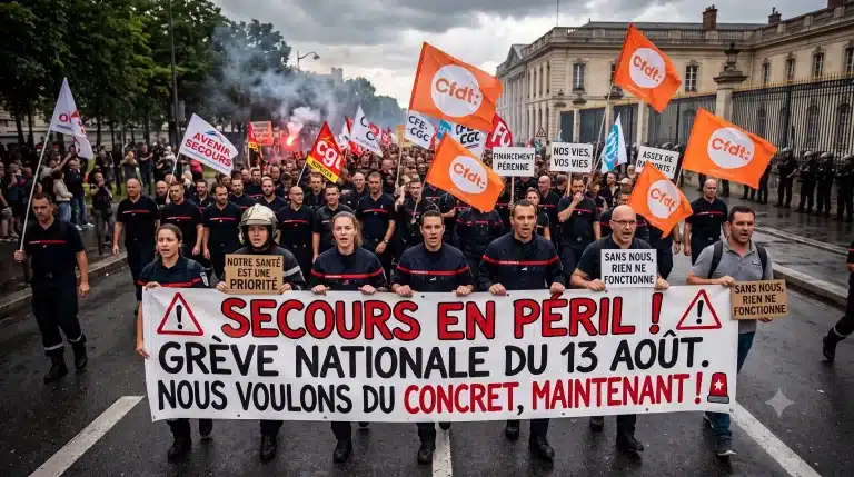 Une photographie de reportage poignante et dynamique capturant une manifestation massive de sapeurs-pompiers professionnels et de personnels des SDIS en France. La scène se déroule sous un ciel gris et menaçant, sur une avenue mouillée par la pluie, renforçant l'atmosphère de détermination et d'urgence.