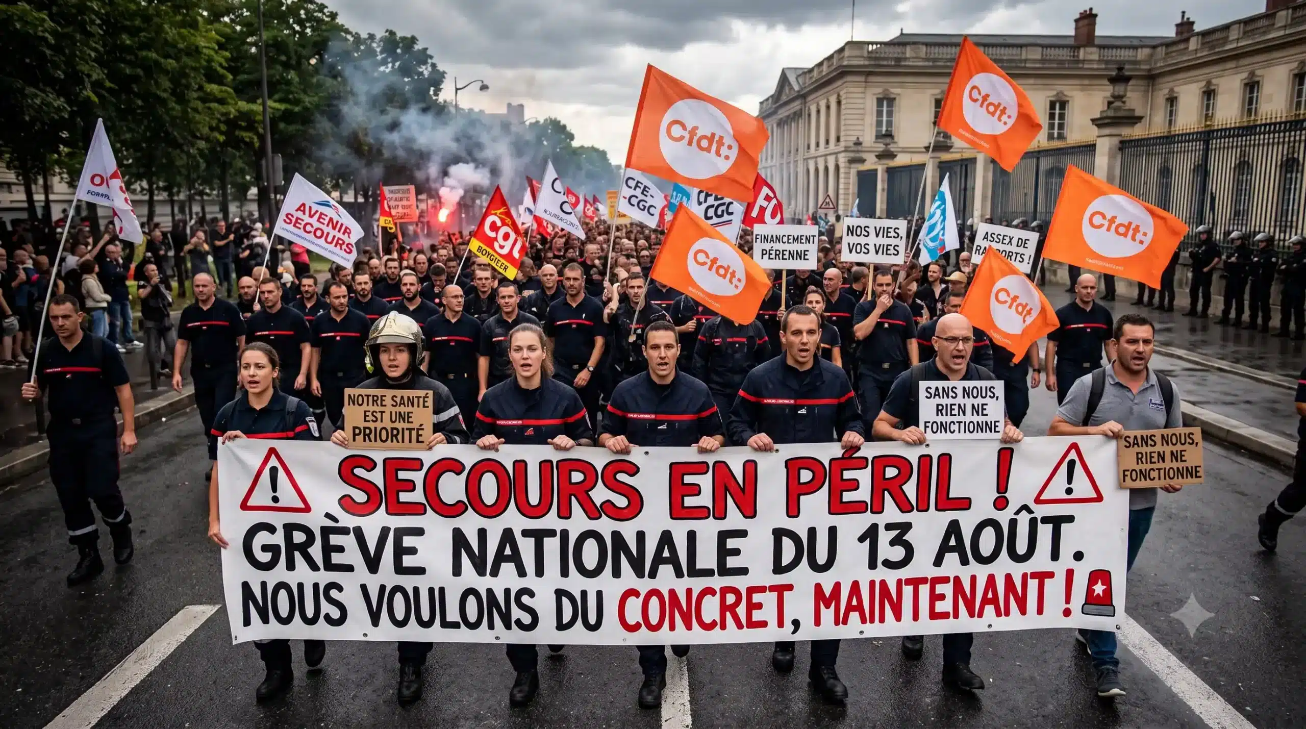 Une photographie de reportage poignante et dynamique capturant une manifestation massive de sapeurs-pompiers professionnels et de personnels des SDIS en France. La scène se déroule sous un ciel gris et menaçant, sur une avenue mouillée par la pluie, renforçant l'atmosphère de détermination et d'urgence.
