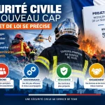 Illustration du projet de loi de modernisation de la Sécurité civile avec des sapeurs-pompiers, un hélicoptère, un feu de forêt et les thèmes missions, gouvernance, résilience et engagement.