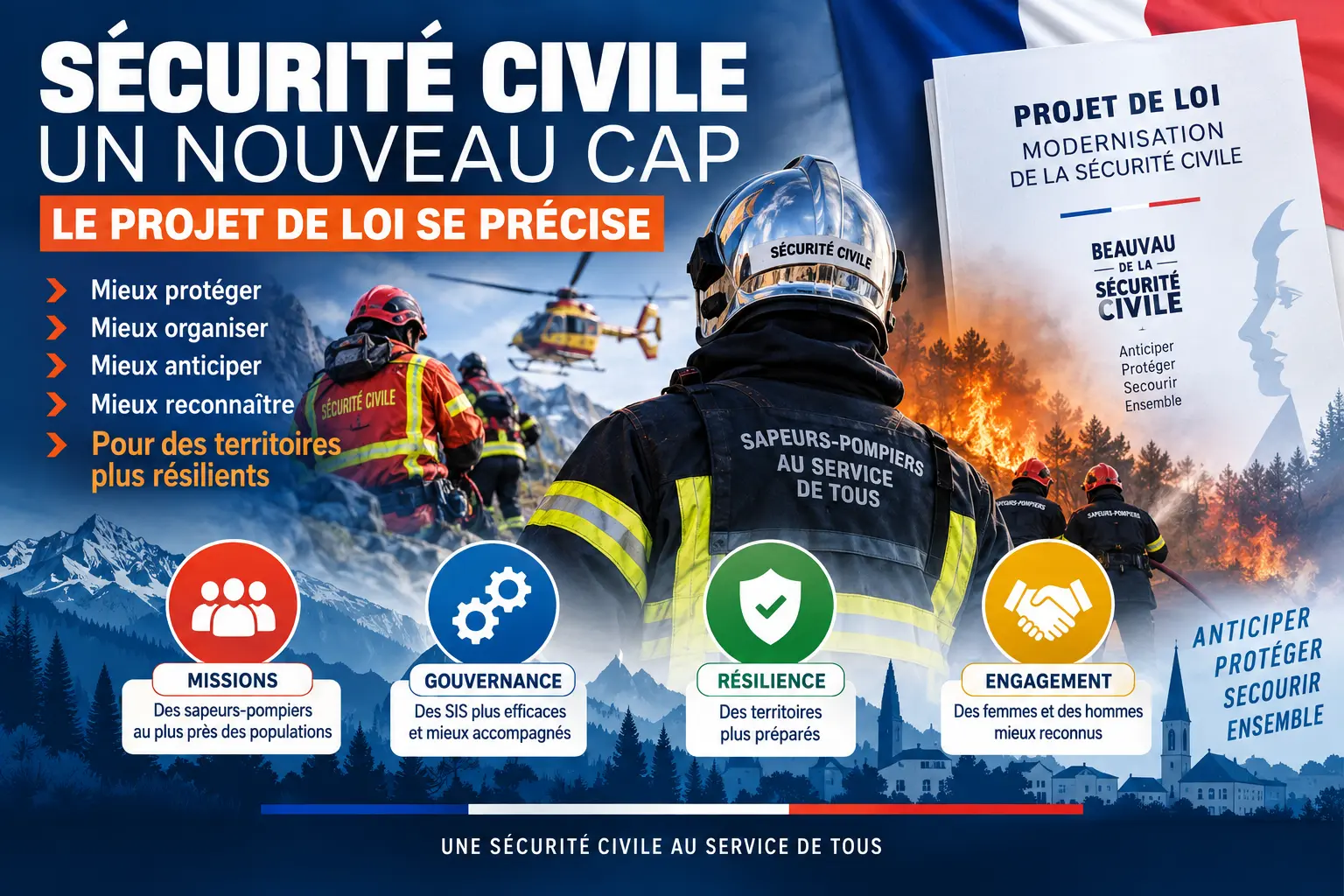 Illustration du projet de loi de modernisation de la Sécurité civile avec des sapeurs-pompiers, un hélicoptère, un feu de forêt et les thèmes missions, gouvernance, résilience et engagement.