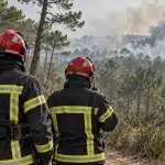 Deux pompiers vus de dos sur une piste, face à une pinède enveloppée de fumée, avec un camion de secours à proximité.
