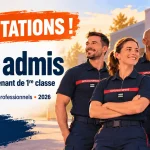 Quatre pompiers en polo avec galons de lieutenant illustrent les félicitations de la CFDT SDIS aux 155 admis au concours 2026.