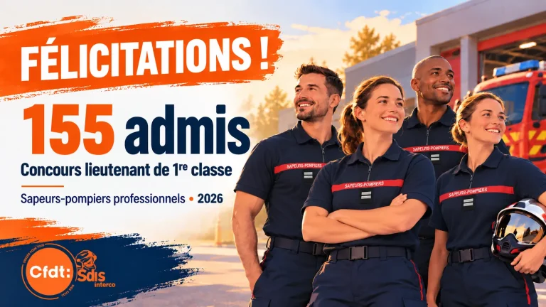 Quatre pompiers en polo avec galons de lieutenant illustrent les félicitations de la CFDT SDIS aux 155 admis au concours 2026.