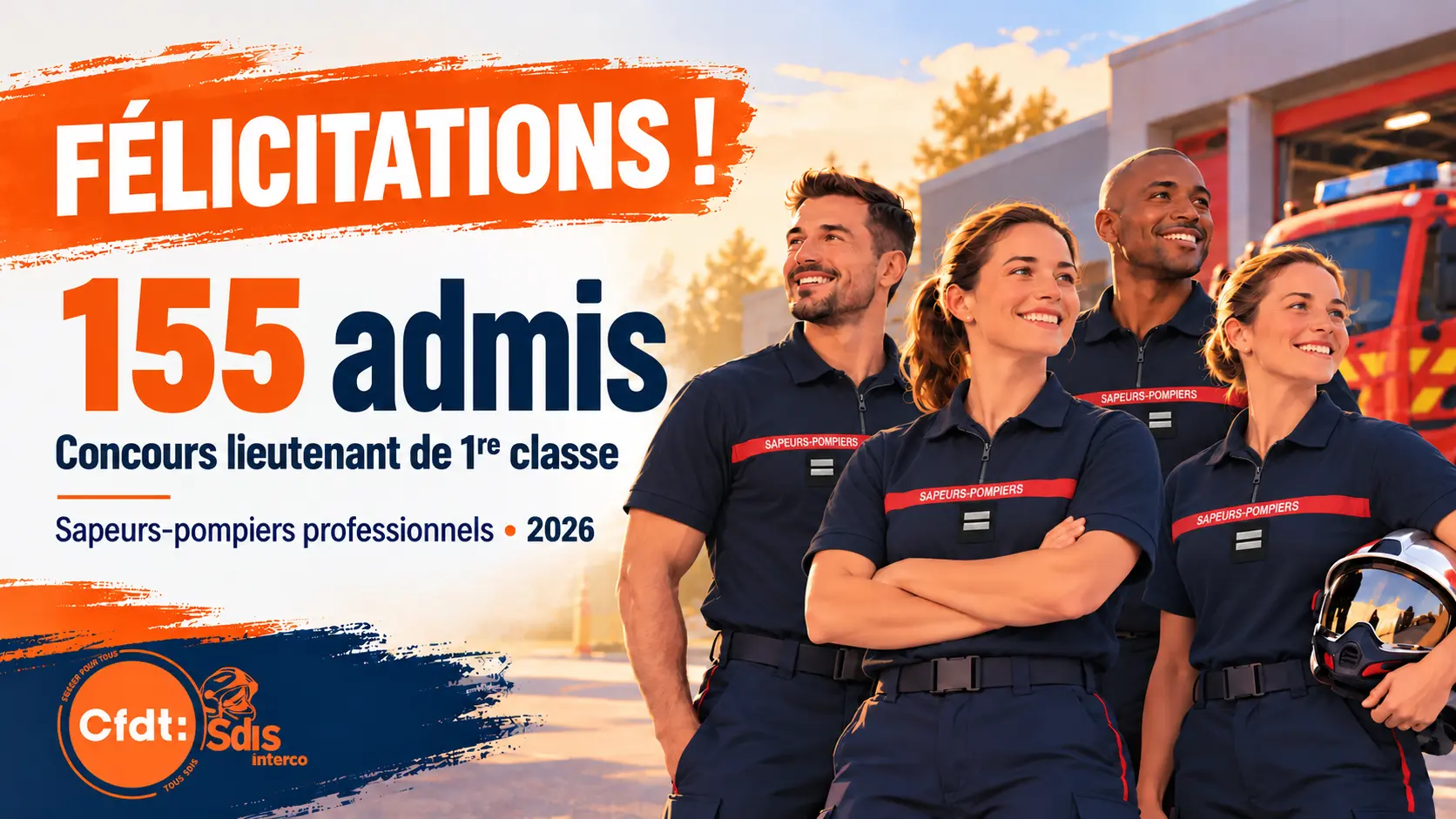 Quatre pompiers en polo avec galons de lieutenant illustrent les félicitations de la CFDT SDIS aux 155 admis au concours 2026.