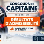 Résultats d’admissibilité 2026 des concours interne et externe de capitaine de sapeurs-pompiers professionnels.