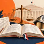 Livre de droit, balance de la justice et casque de sapeur-pompier, avec le logo CFDT SDIS Interco.