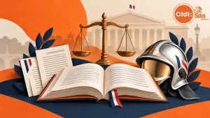 Livre de droit, balance de la justice et casque de sapeur-pompier, avec le logo CFDT SDIS Interco.