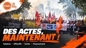 Manifestation des personnels des SDIS à Paris le 29 septembre 2026, avec le logo CFDT SDIS et le slogan « Des actes, maintenant ! ».