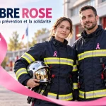 Une femme et un homme en tenue de pompier portent un ruban rose devant une caserne, avec le message « Octobre Rose ».