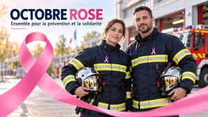 Une femme et un homme en tenue de pompier portent un ruban rose devant une caserne, avec le message « Octobre Rose ».