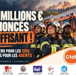 Sapeurs-pompiers et personnels administratifs devant un véhicule de secours, avec le message « 200 millions € annoncés : insuffisant ! » et les huit logos syndicaux.