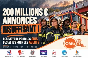 Sapeurs-pompiers et personnels administratifs devant un véhicule de secours, avec le message « 200 millions € annoncés : insuffisant ! » et les huit logos syndicaux.