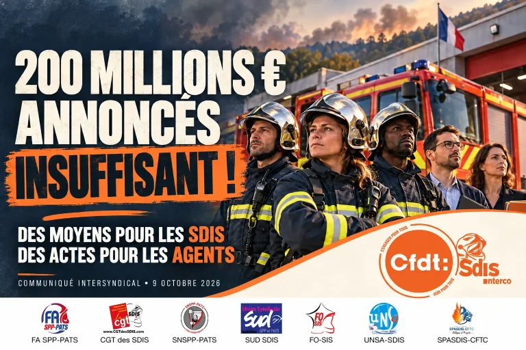 Sapeurs-pompiers et personnels administratifs devant un véhicule de secours, avec le message « 200 millions € annoncés : insuffisant ! » et les huit logos syndicaux.