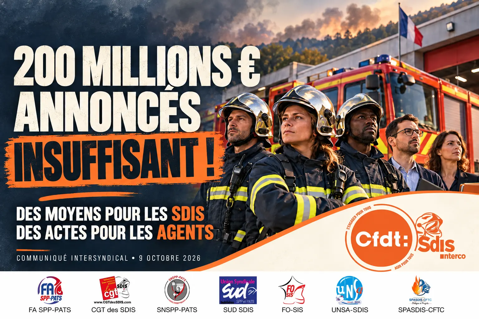 Financement des SDIS : 200 millions annoncés, l’intersyndicale exige des réponses à la hauteur des besoins