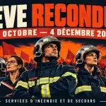 Illustration de pompiers et d’une agente administrative mobilisés, avec l’annonce de la grève du 21 octobre au 4 décembre 2026.