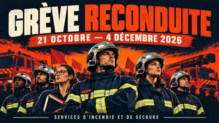 Illustration de pompiers et d’une agente administrative mobilisés, avec l’annonce de la grève du 21 octobre au 4 décembre 2026.