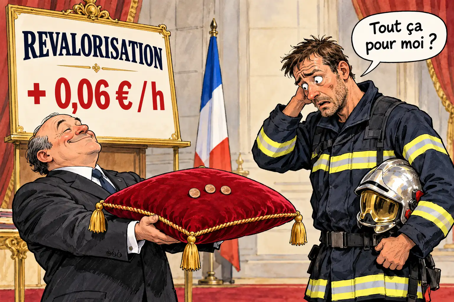 Un fonctionnaire présente trois pièces de deux centimes sur un coussin rouge à un pompier incrédule, devant une affiche « Revalorisation + 0,06 €/h ».