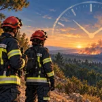 Deux sapeurs-pompiers près d’un camion face à un feu de forêt, sous une horloge symbolisant le temps de mobilisation.