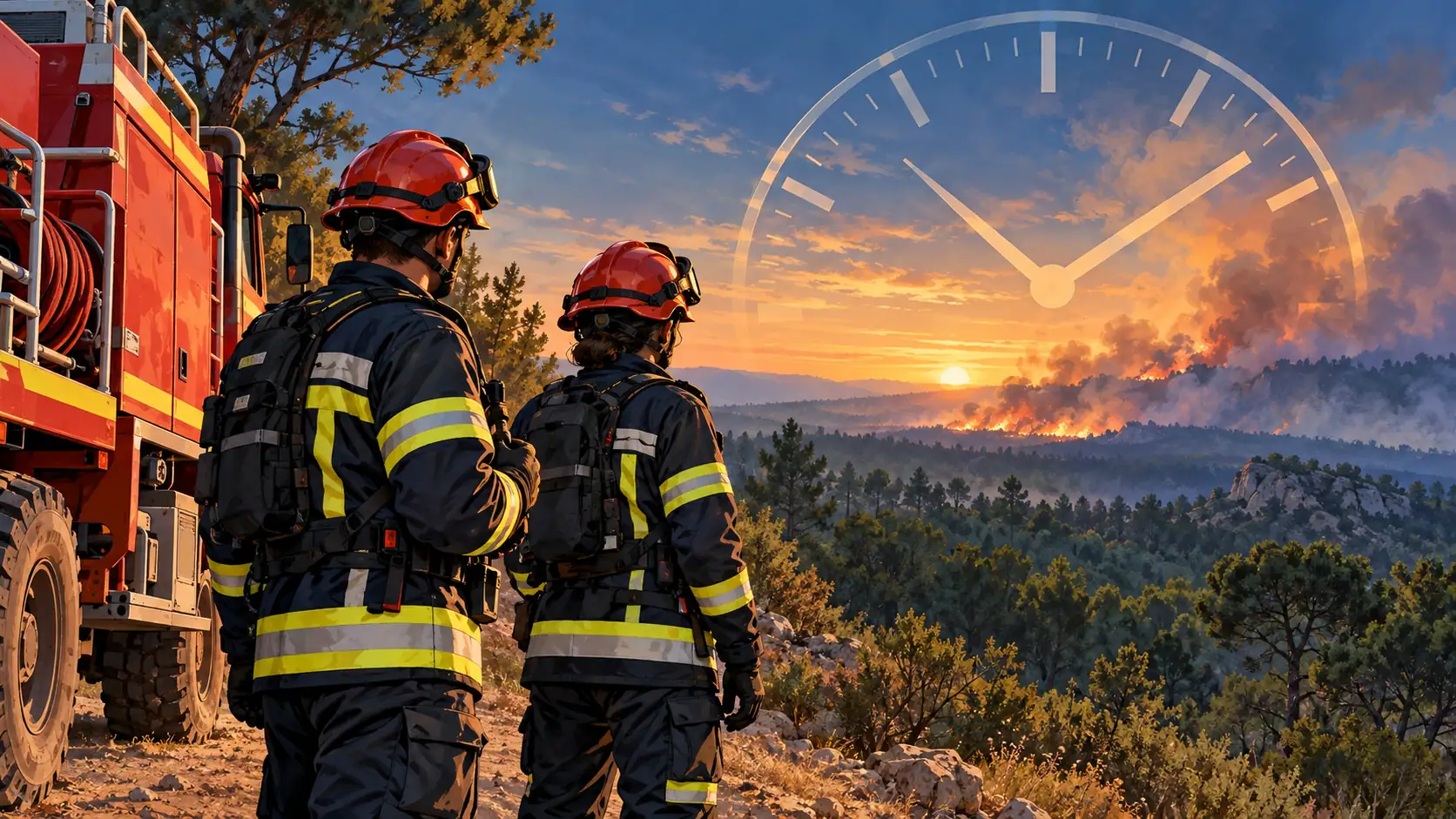 Deux sapeurs-pompiers près d’un camion face à un feu de forêt, sous une horloge symbolisant le temps de mobilisation.