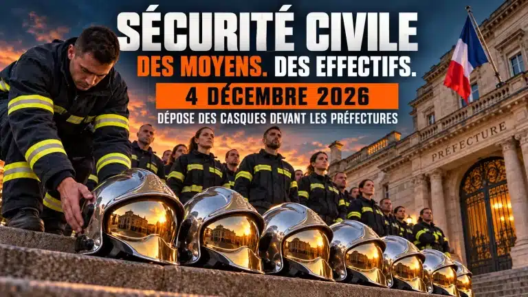 Illustration de pompiers dĂ©posant leurs casques devant une prĂ©fecture, avec un appel Ă la mobilisation du 4 dĂ©cembre 2026 pour davantage de moyens et dâeffectifs.